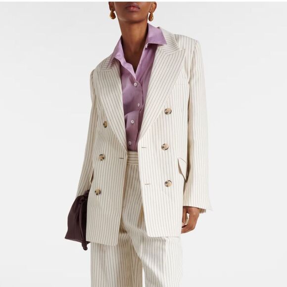 NEW Frame Pinstripe Cotton-Linen Double Breasted Blazer Cream Multi Size 2 - Picture 1 of 14